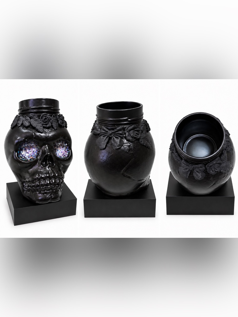 Black Decorative Skull Sculpture with Glitter Eyes Vase Makeup Brush Storage - Picture 2 of 4